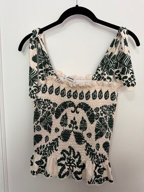 Sandro Cream Tank Top with Dark Green Floral Print